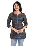 Blue viscose blend 3/4 sleeve tunic top for women, short length, round neck
