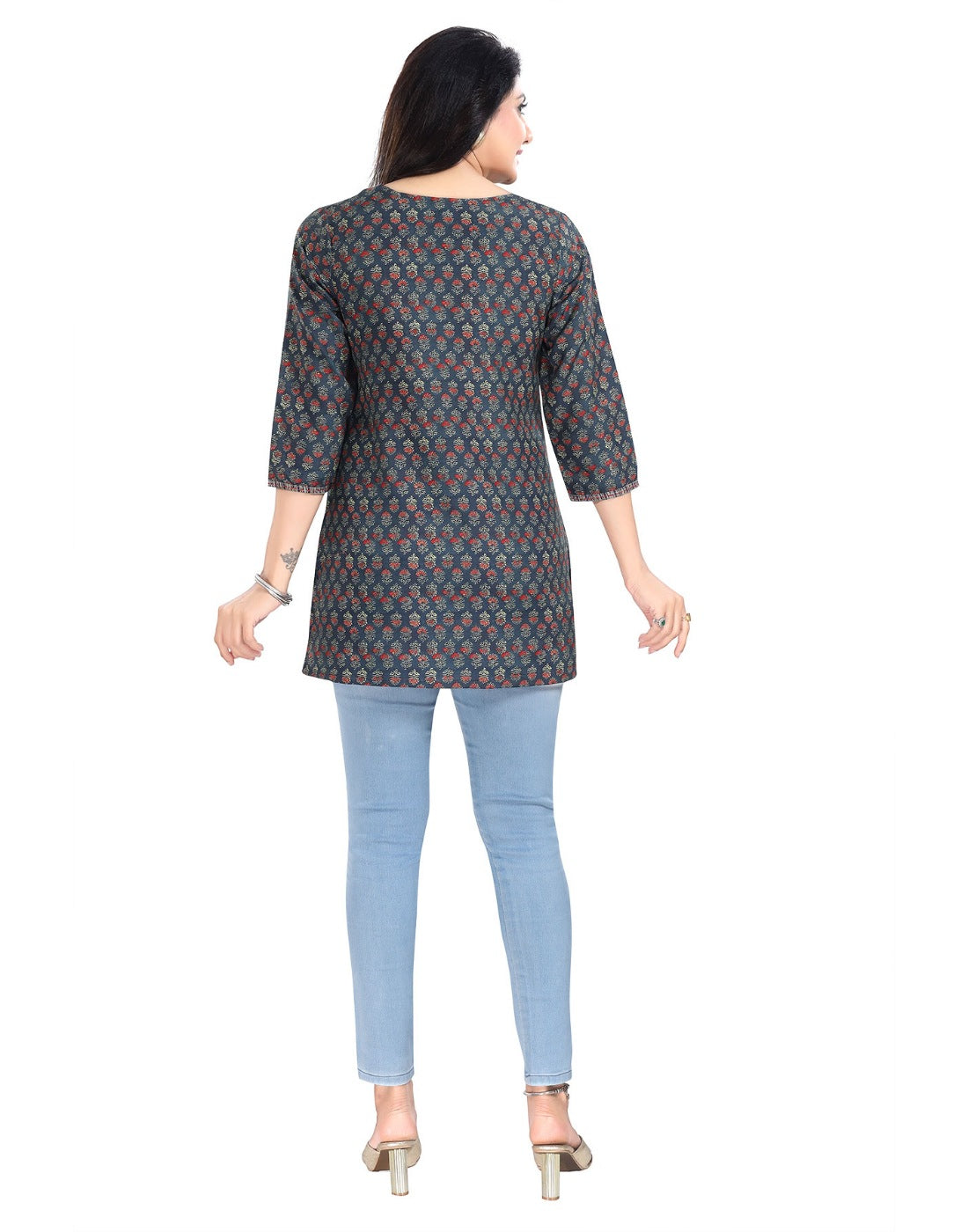 Blue viscose blend 3/4 sleeve tunic short top for women, round neck and short length style