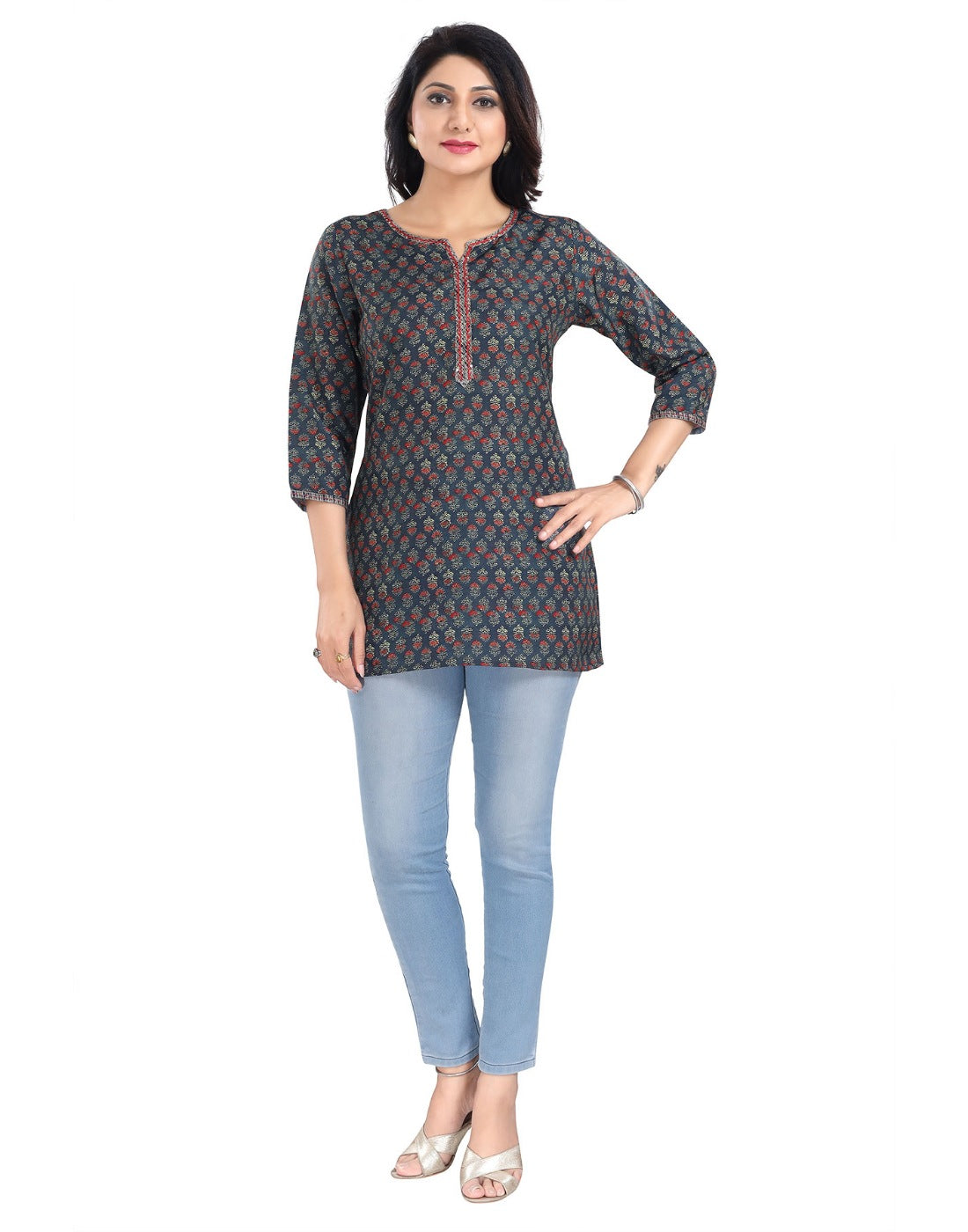 Blue viscose blend 3/4 sleeve tunic short top for women