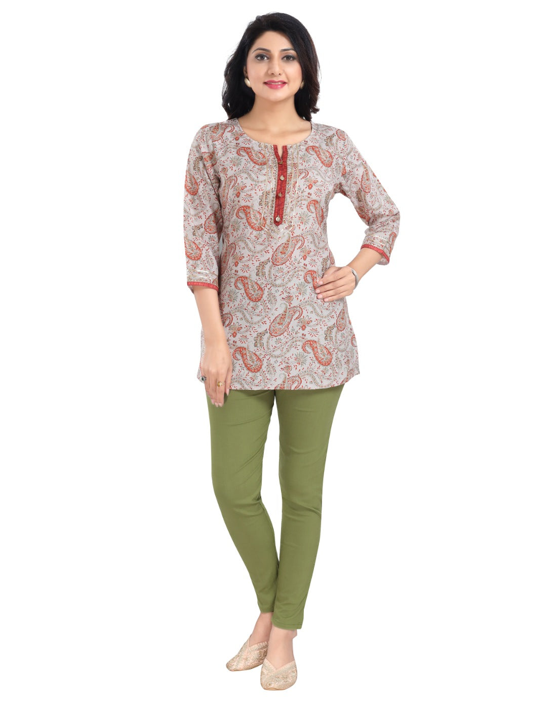Off-white viscose blend 3/4 sleeve tunic top for women, ideal for casual wear