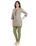 Multicolor viscose blend women's 3/4 sleeve tunic top with short length, round neck and 3/4 sleeves