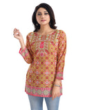 Multicolor faux crepe women's 3/4 sleeve tunic top - versatile, short length, round neck