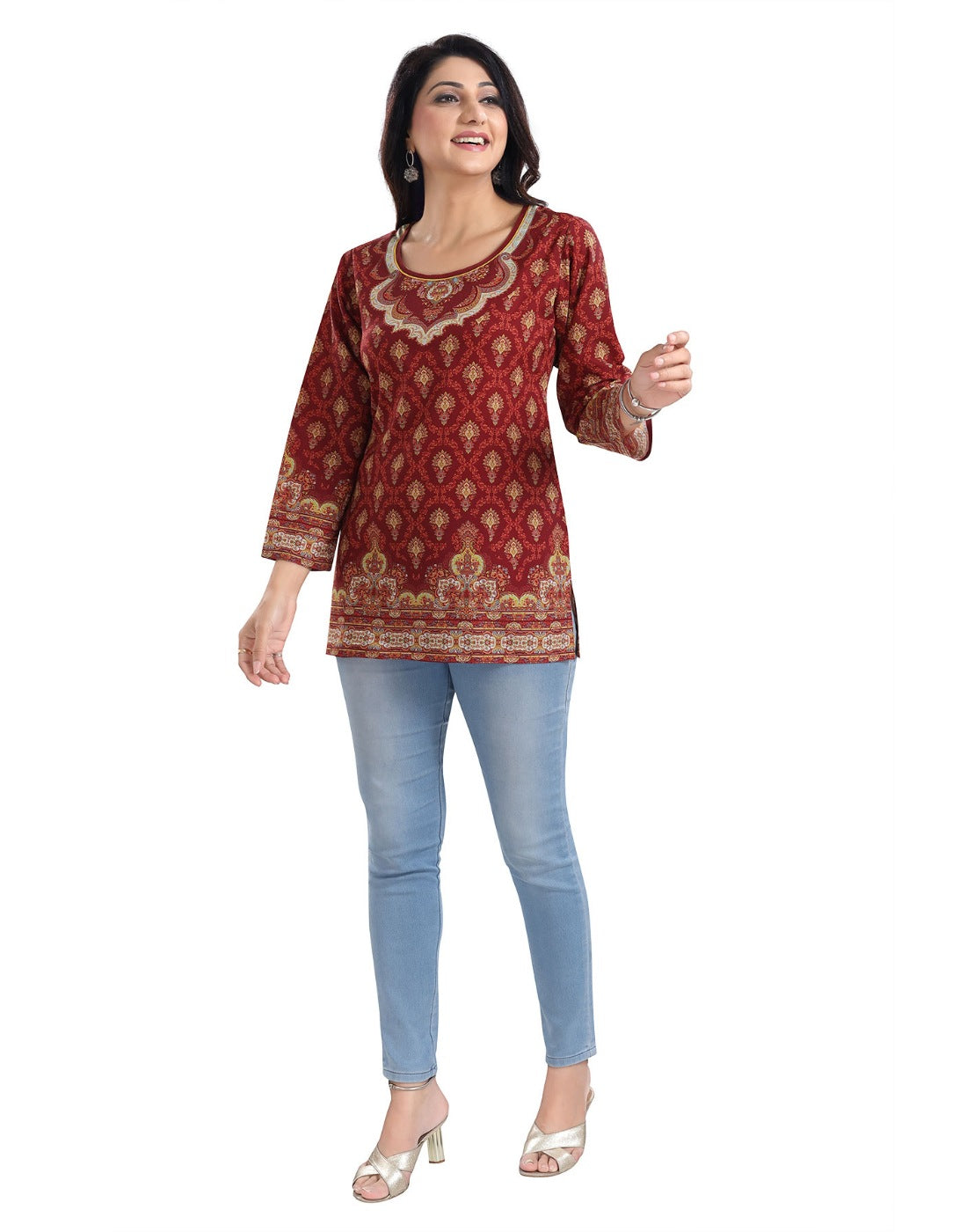 Red 3/4 sleeve summer cool tunic short top for women