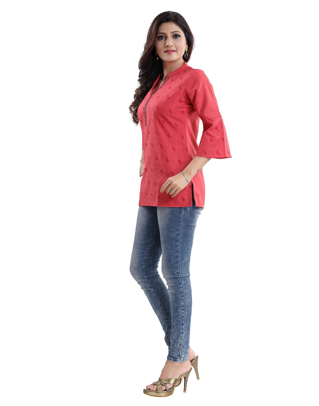 Women's 3/4th Sleeve Polyester Blend Tunic Short Top (Red) - GillKart