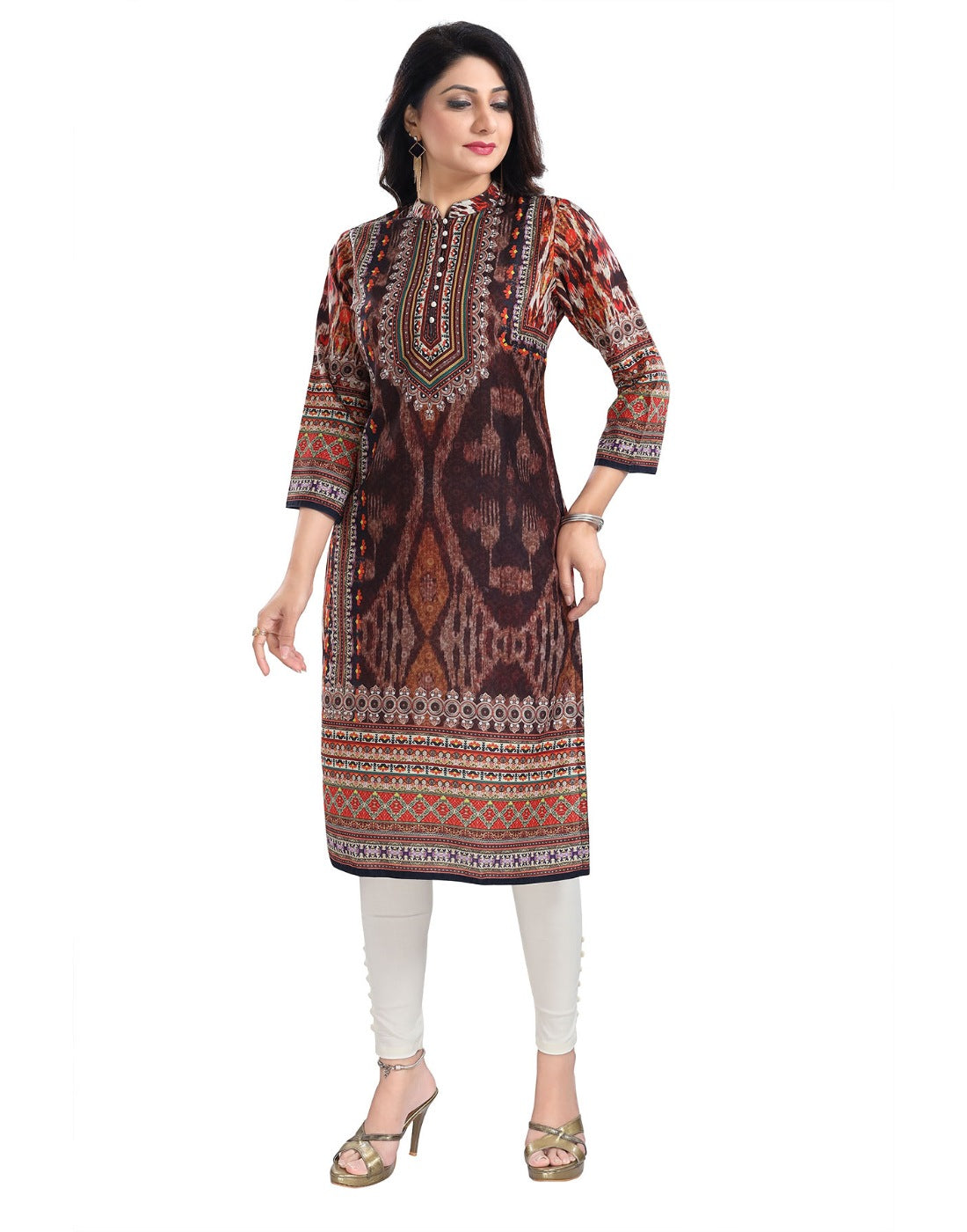 Brown Masleen 3/4 sleeve tunic long kurti with mandarin collar, knee-length for women's fashion