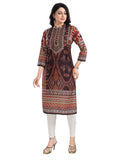 Brown Masleen 3/4 sleeve tunic long kurti with mandarin collar, knee-length for women's fashion