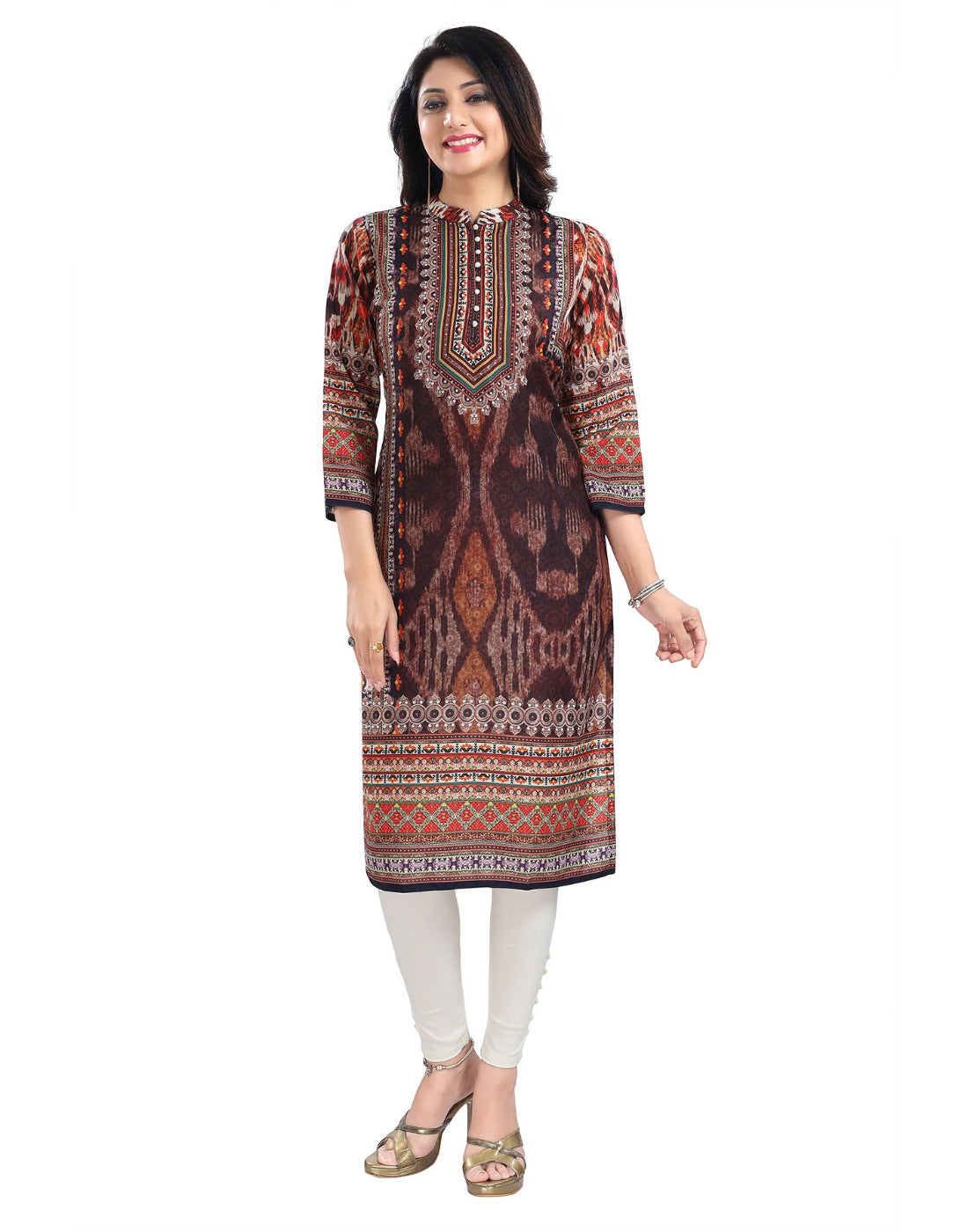 Brown masleen tunic long kurti with 3/4 sleeves and mandarin collar, knee-length style for women's fashion