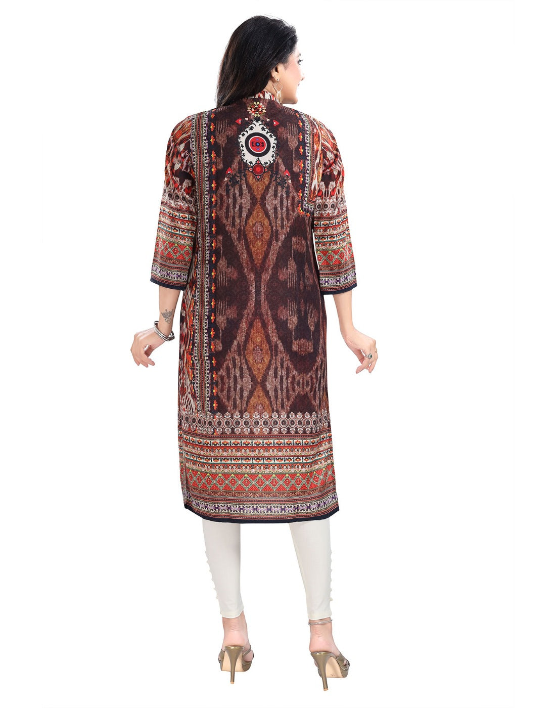 Brown 3/4 sleeve Masleen tunic long kurti for women, mandarin collar with knee length design