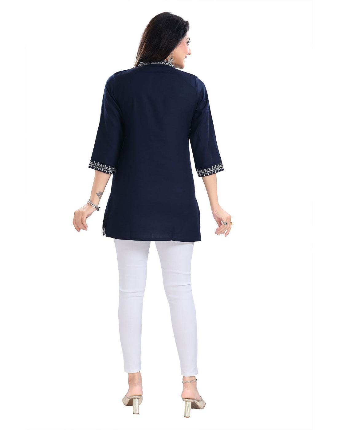 Blue viscose 3/4 sleeve tunic top with mandarin collar, short length for women's fashion