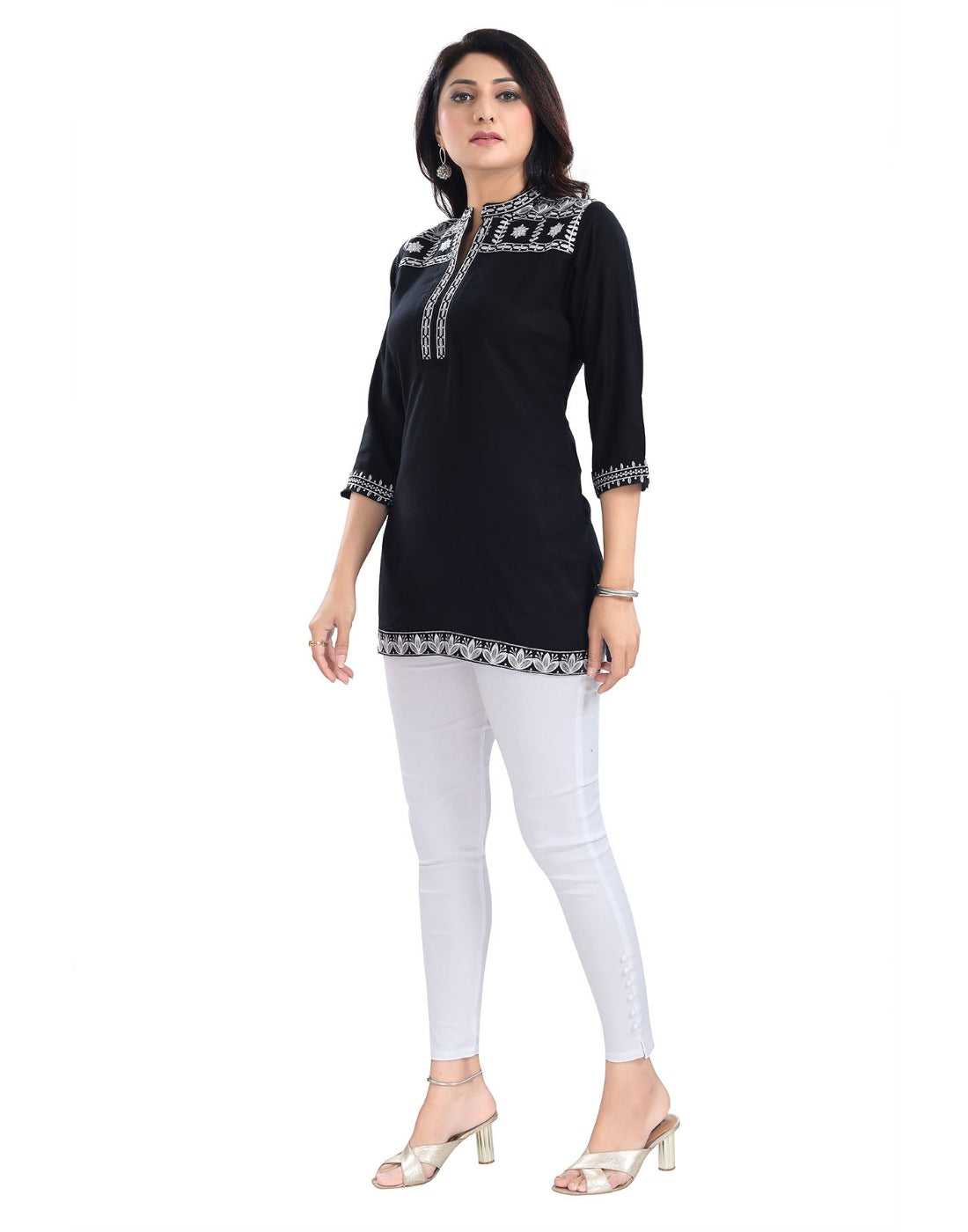 Black viscose 3/4 sleeve tunic top, short length with mandarin collar