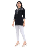 Black viscose 3/4 sleeve tunic top, short length with mandarin collar