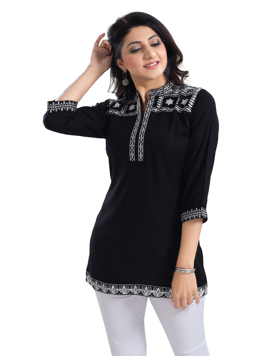 Black viscose 3/4 sleeve tunic top with mandarin collar, short length for women's fashion