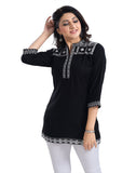 Black viscose 3/4 sleeve tunic top with mandarin collar, short length for women's fashion