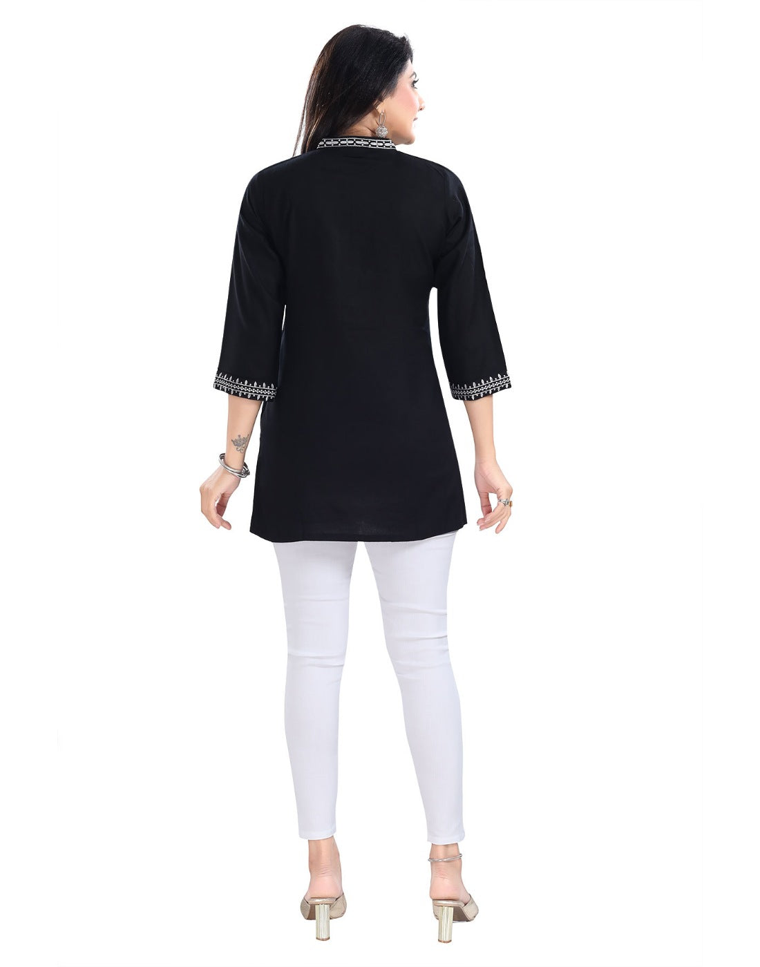 Black viscose 3/4 sleeve tunic top with mandarin collar, short length for women's fashion