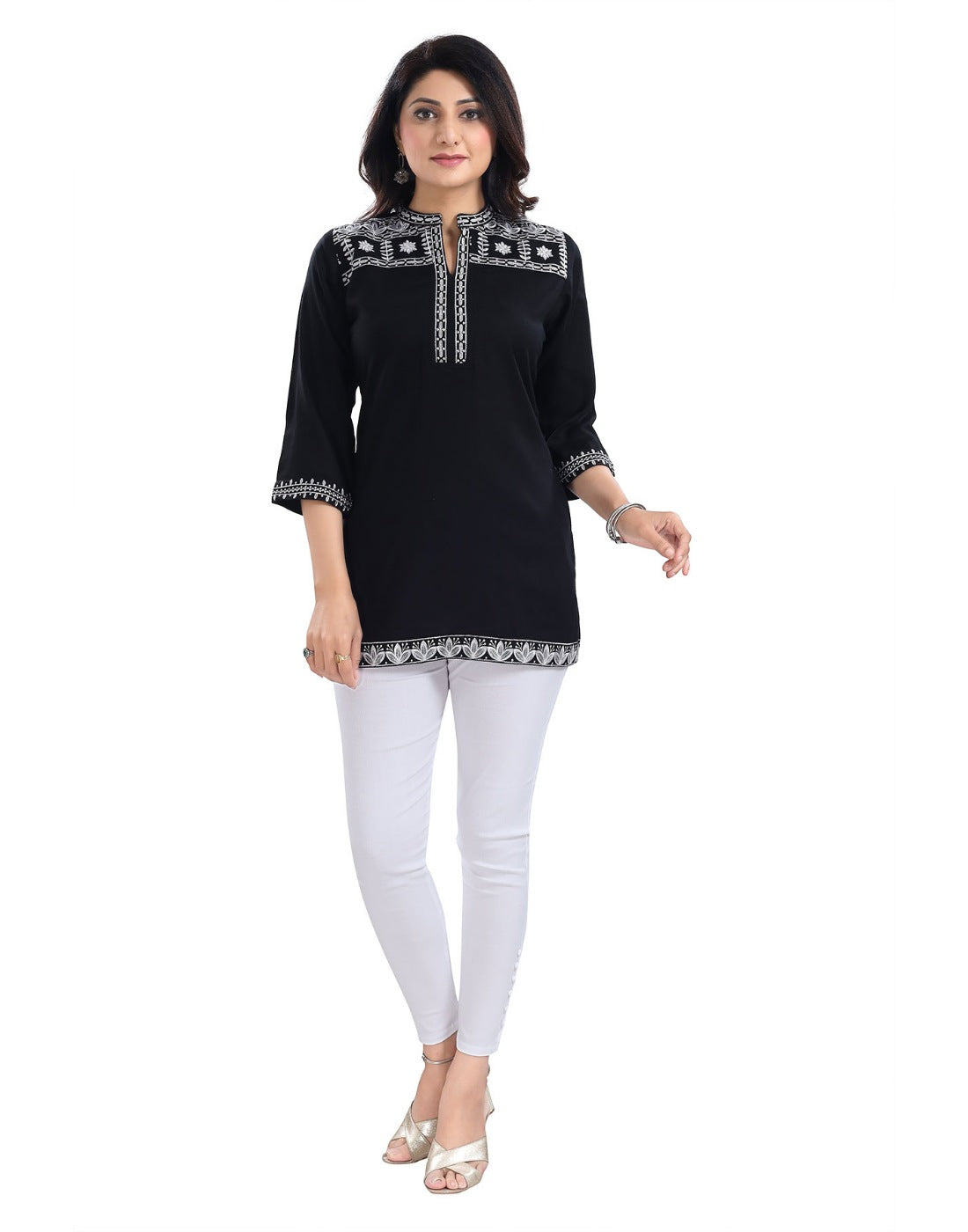 Black viscose 3/4 sleeve tunic top with mandarin collar, ideal for women's casual wear