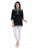 Black viscose 3/4 sleeve tunic top with mandarin collar, ideal for women's casual wear