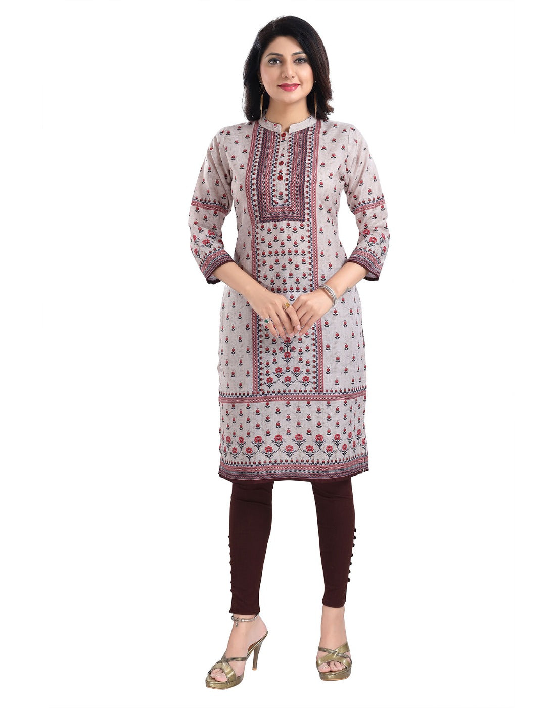 Beige cotton blend 3/4 sleeve tunic long kurti for women, knee-length mandarin collar style