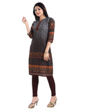 Brown cotton blend 3/4 sleeve long kurti for women - knee-length, mandarin collar style