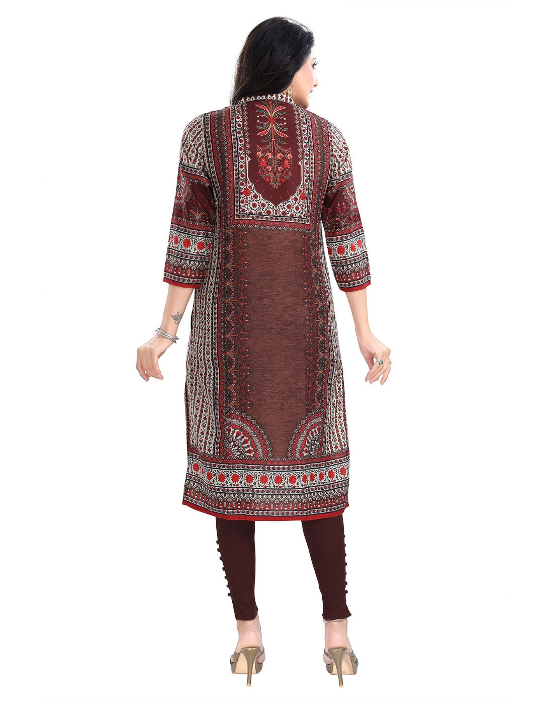 Brown Masleen 3/4 sleeve tunic long kurti with mandarin collar, knee-length style for women