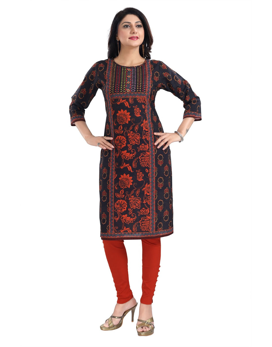 Women's 3/4th Sleeve Cotton Blend Tunic Long Kurti (Grey) - GillKart