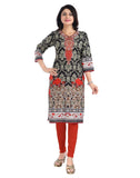 Women's 3/4th Sleeve Cotton Blend Tunic Long Kurti (Black) - GillKart