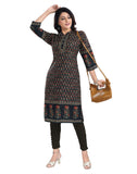 Black cotton blend 3/4 sleeve tunic long kurti with mandarin collar, suitable for knee-length wear