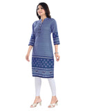 Women's 3/4th Sleeve Cotton Blend Tunic Long Kurti (Blue) - GillKart