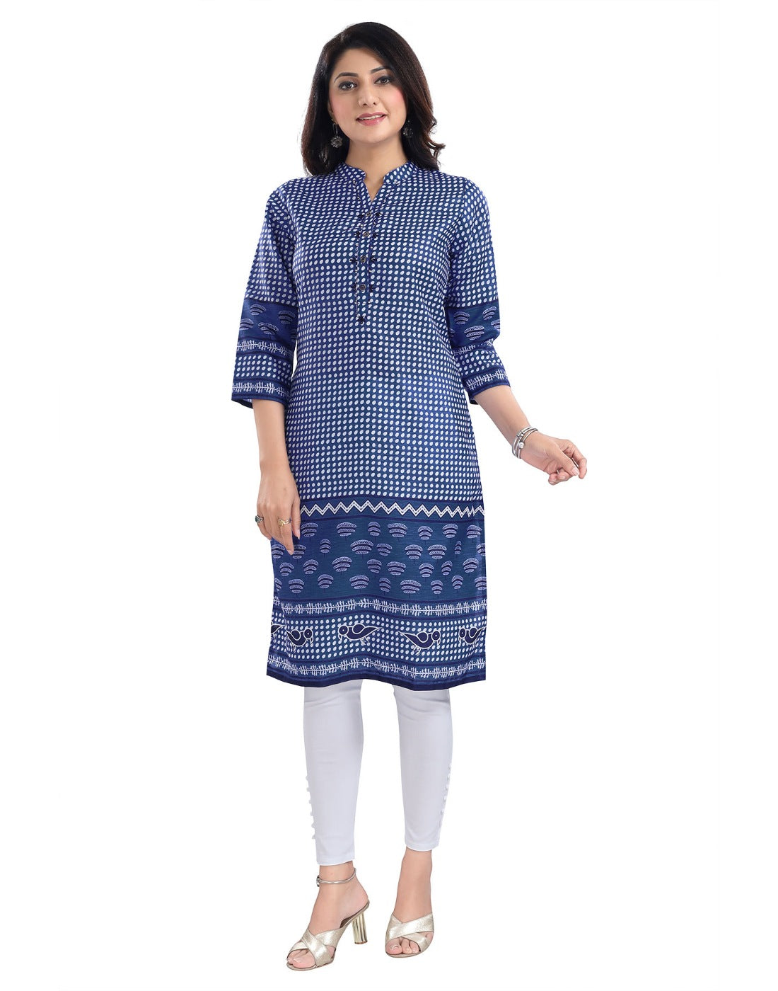 Women's 3/4th Sleeve Cotton Blend Tunic Long Kurti (Blue) - GillKart