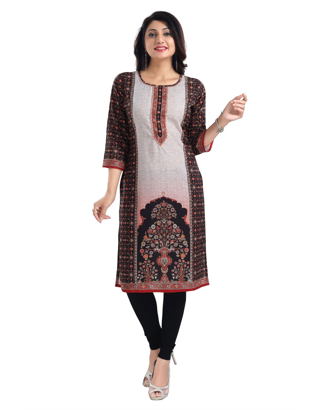 Brown cotton blend long kurti with 3/4 sleeves and round neck, displayed on a mannequin