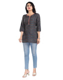 Blue viscose blend 3/4 sleeve tunic top for women, short length, round neck