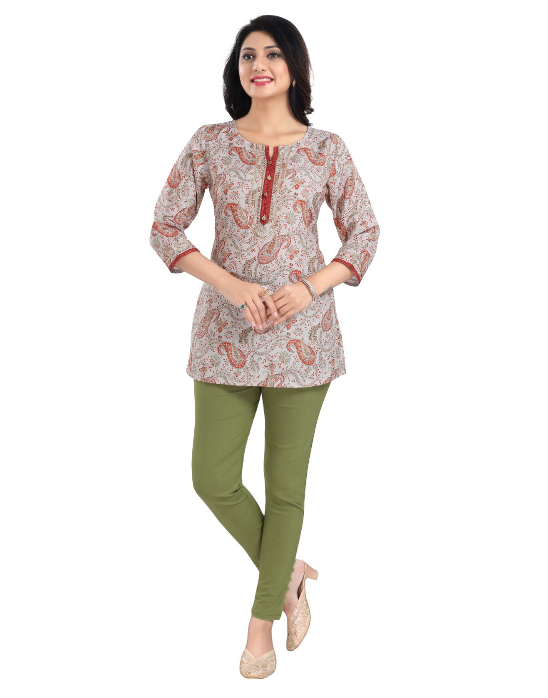 Off-white viscose blend 3/4 sleeve tunic top for women, short length, round neck
