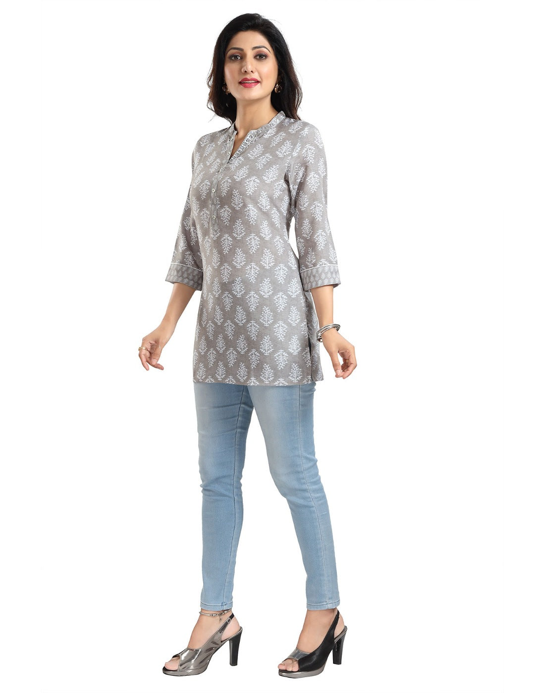 Women's 3/4th Sleeve Viscose Blend Tunic Short Top (Grey) - GillKart
