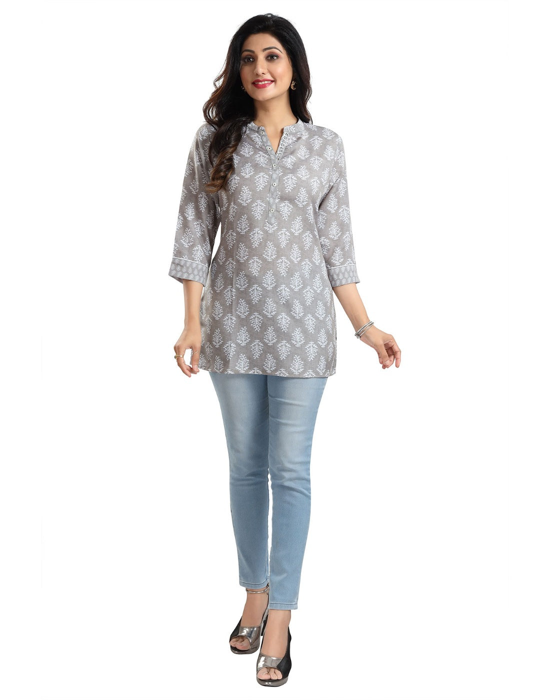 Women's 3/4th Sleeve Viscose Blend Tunic Short Top (Grey) - GillKart