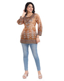 Women's 3/4th Sleeve Faux Crepe Tunic Short Top (Light Brown) - GillKart