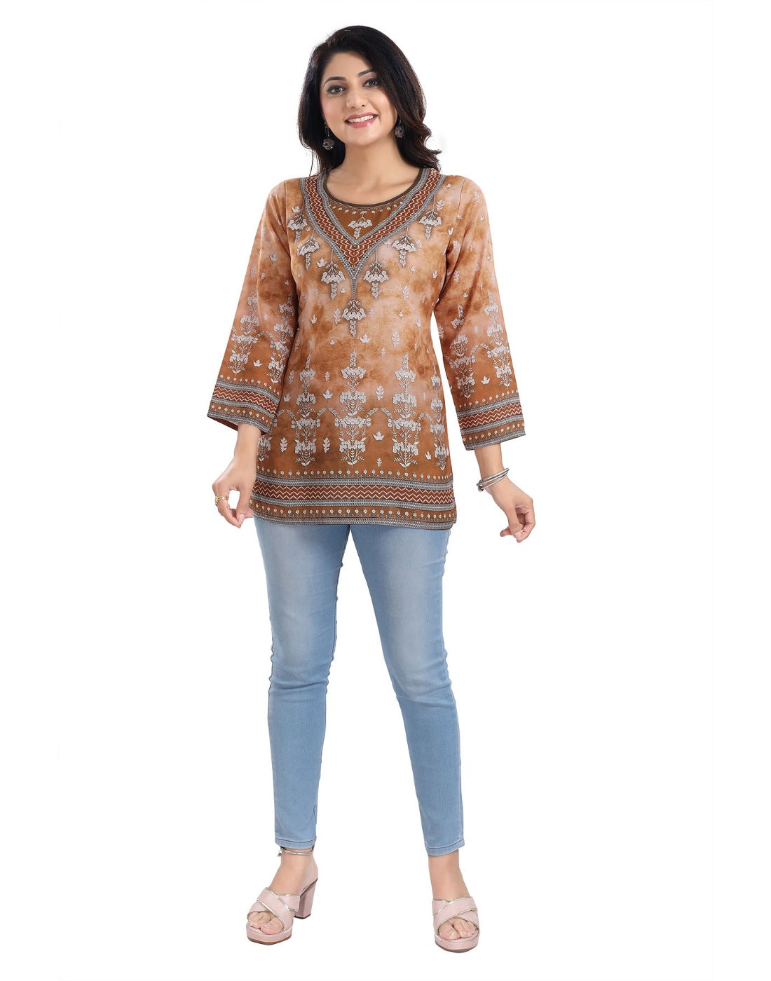 Women's 3/4th Sleeve Faux Crepe Tunic Short Top (Light Brown) - GillKart
