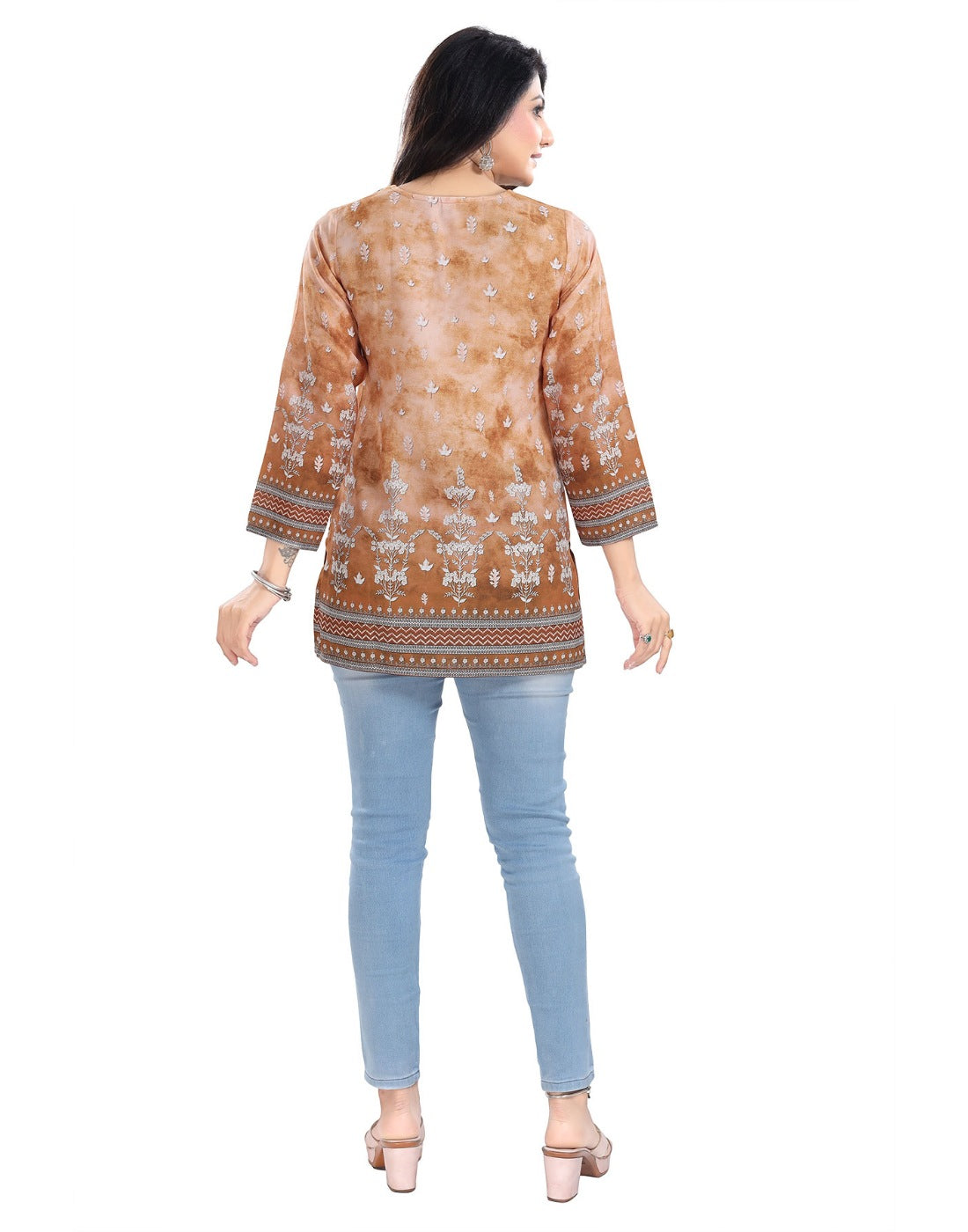 Women's 3/4th Sleeve Faux Crepe Tunic Short Top (Light Brown) - GillKart