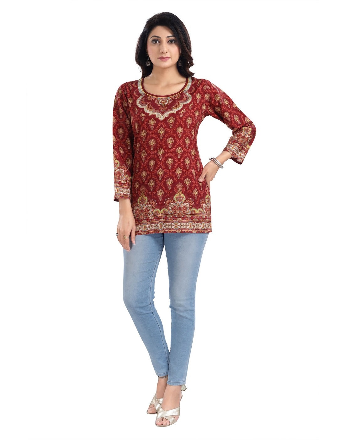 Red 3/4 sleeve summer cool tunic top for women, ideal for warm weather