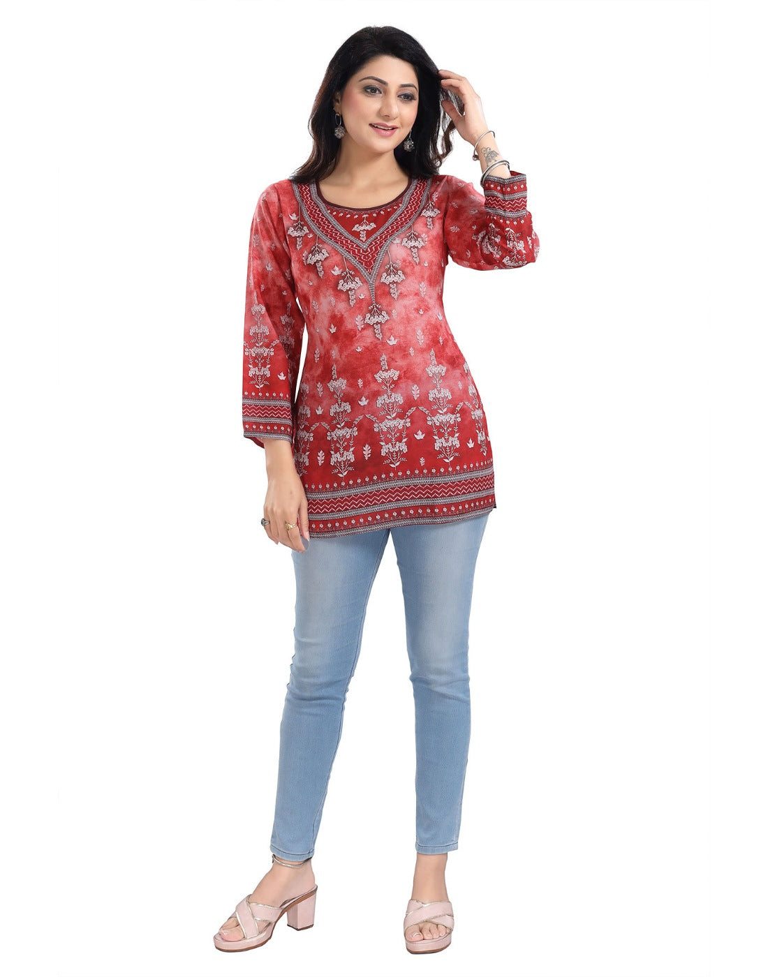 Women's 3/4th Sleeve Faux Crepe Tunic Short Top (Red) - GillKart