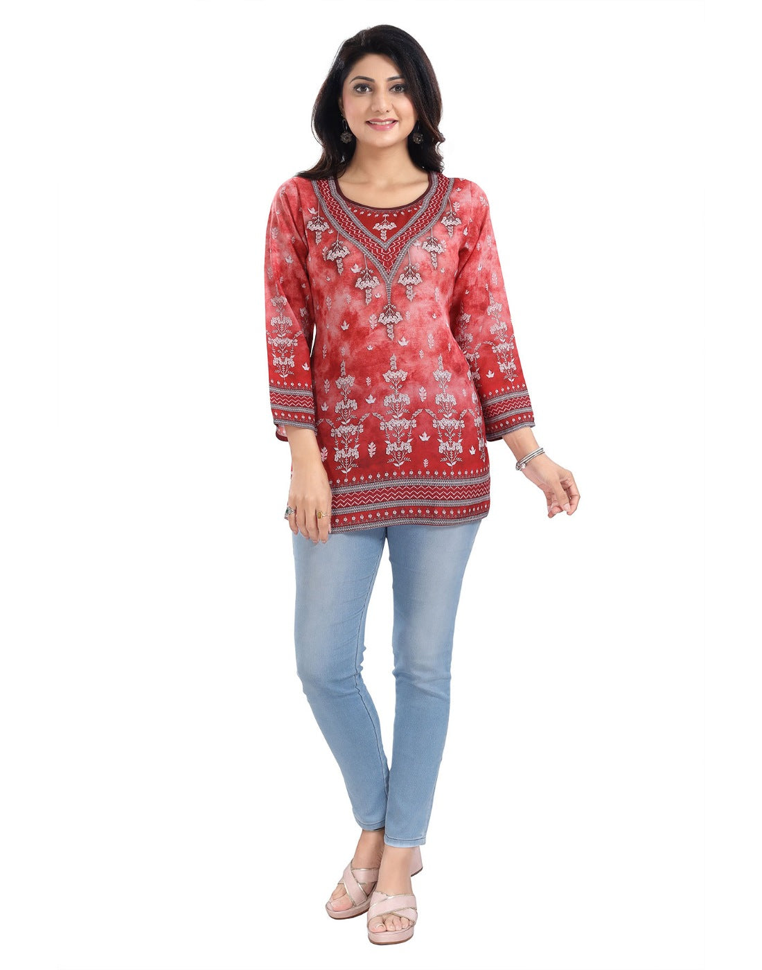 Women's 3/4th Sleeve Faux Crepe Tunic Short Top (Red) - GillKart