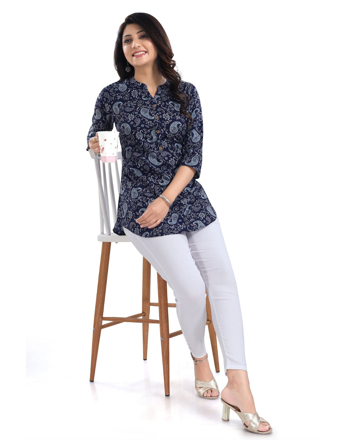 Blue polyester 3/4 sleeve tunic short top for women, mandarin collar style