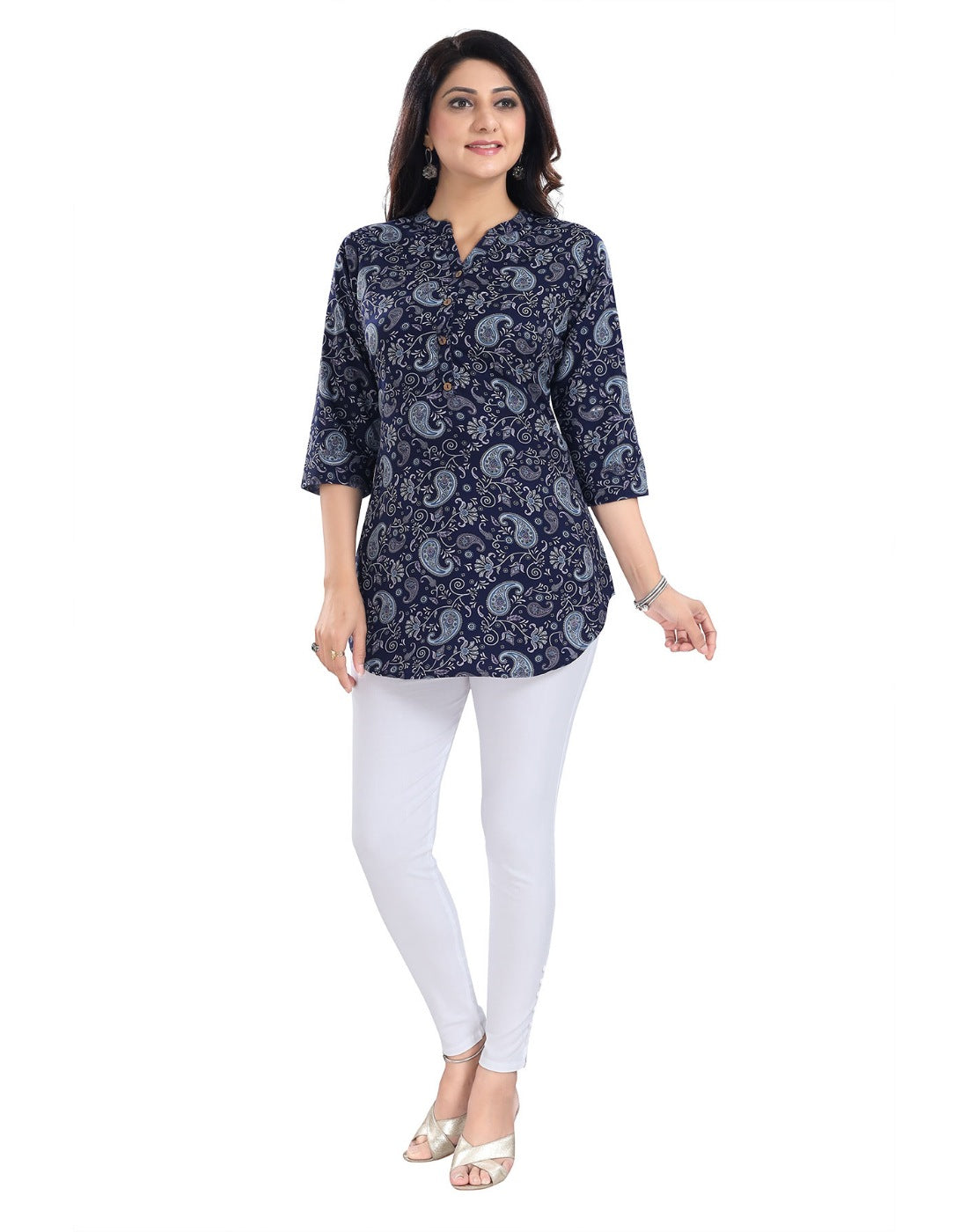 Blue polyester 3/4 sleeve tunic top with mandarin collar, short length for women's fashion