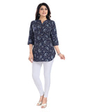 Blue polyester 3/4 sleeve tunic top with mandarin collar, short length for women's fashion