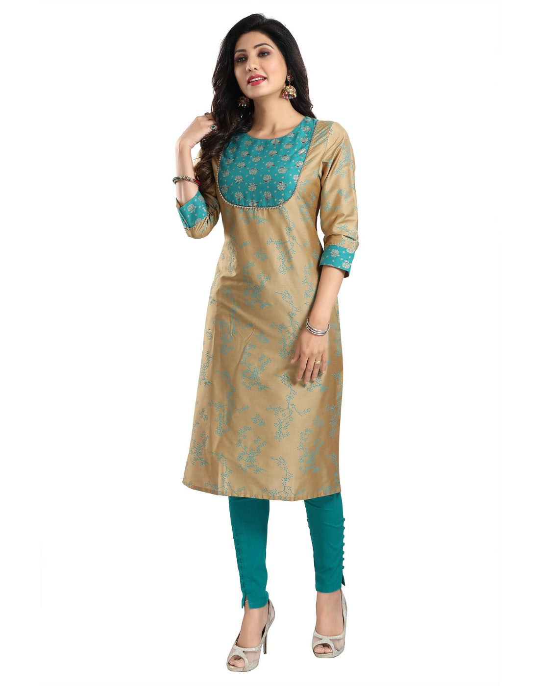 Women's 3/4th Sleeve Silk Blend Tunic Long Kurti (Beige) - GillKart