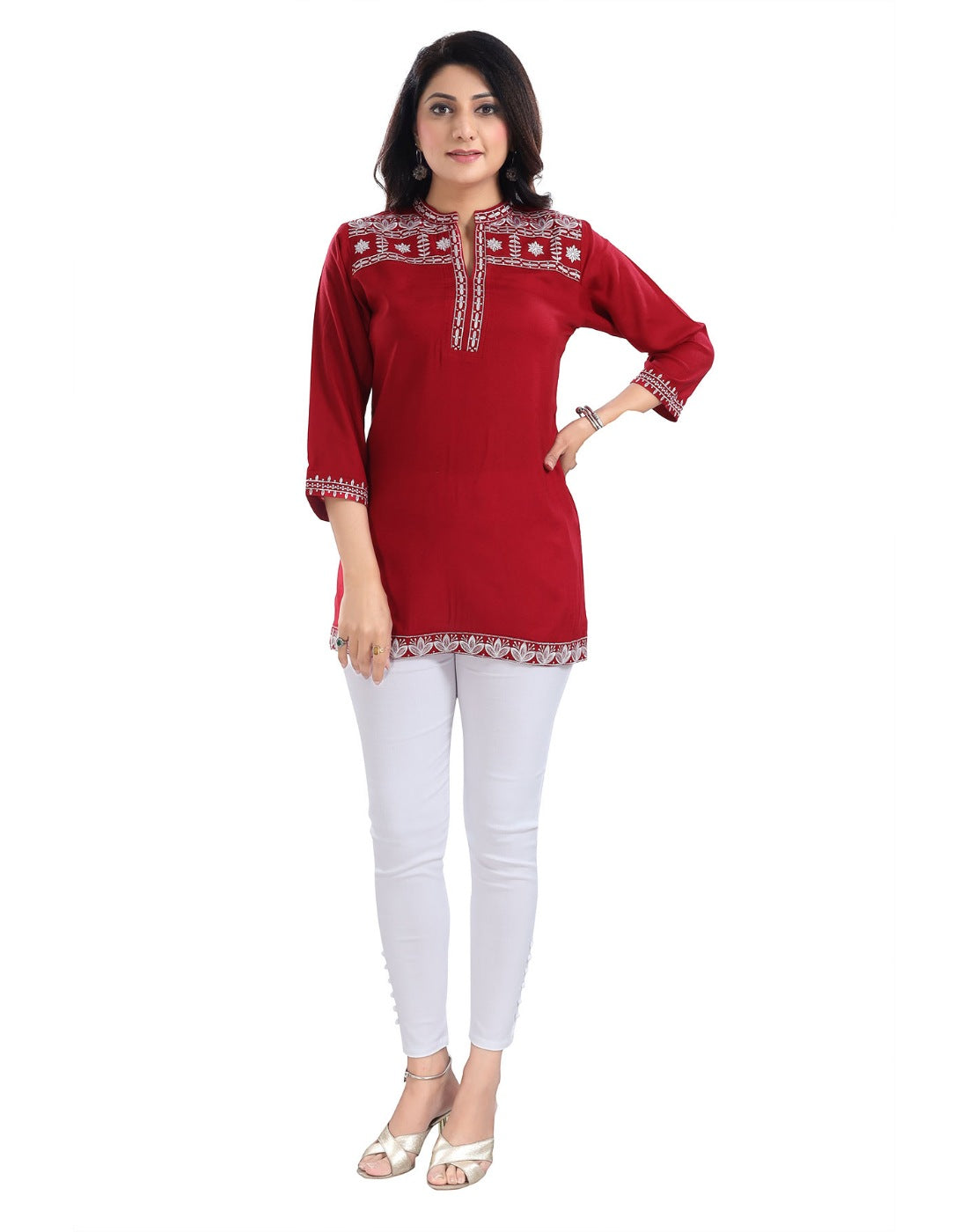 Women's 3/4th Sleeve Viscose Tunic Short Top (Red) - GillKart