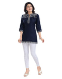 Blue viscose 3/4 sleeve tunic short top with mandarin collar for women