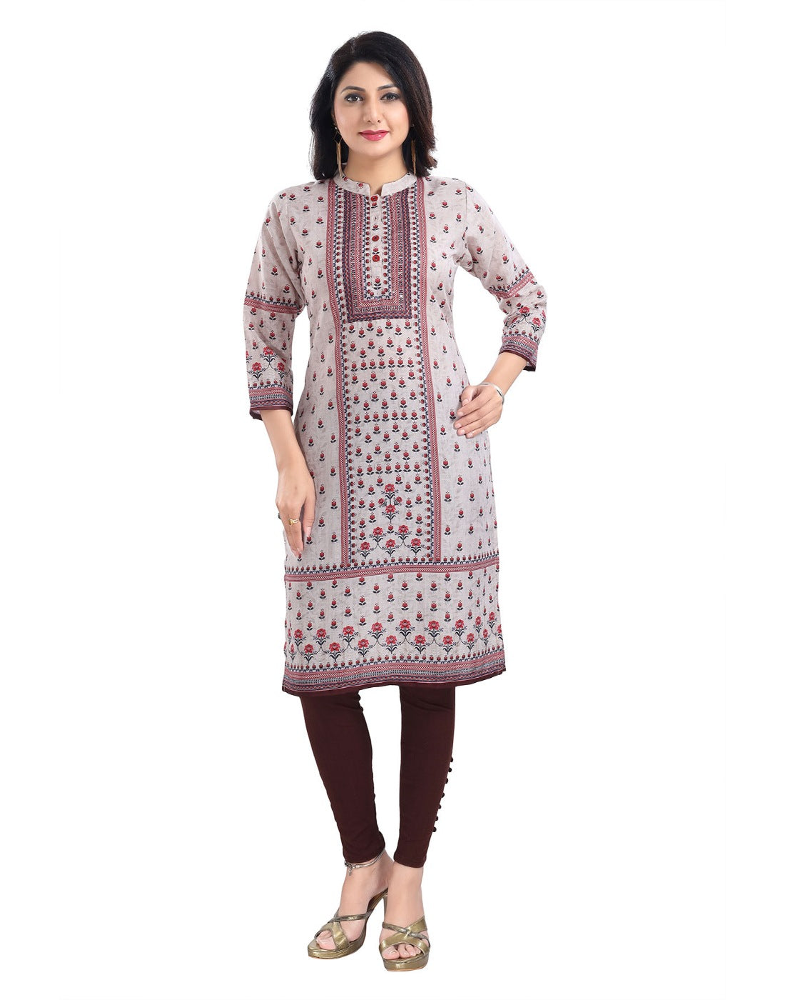 Beige cotton blend 3/4 sleeve tunic long kurti for women, knee-length, mandarin collar