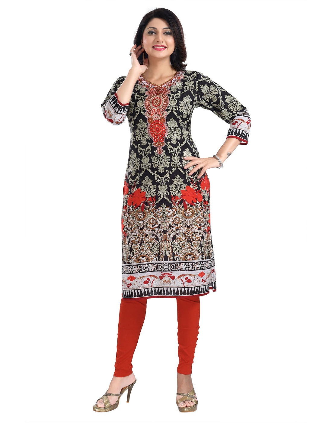 Women's 3/4th Sleeve Cotton Blend Tunic Long Kurti (Black) - GillKart