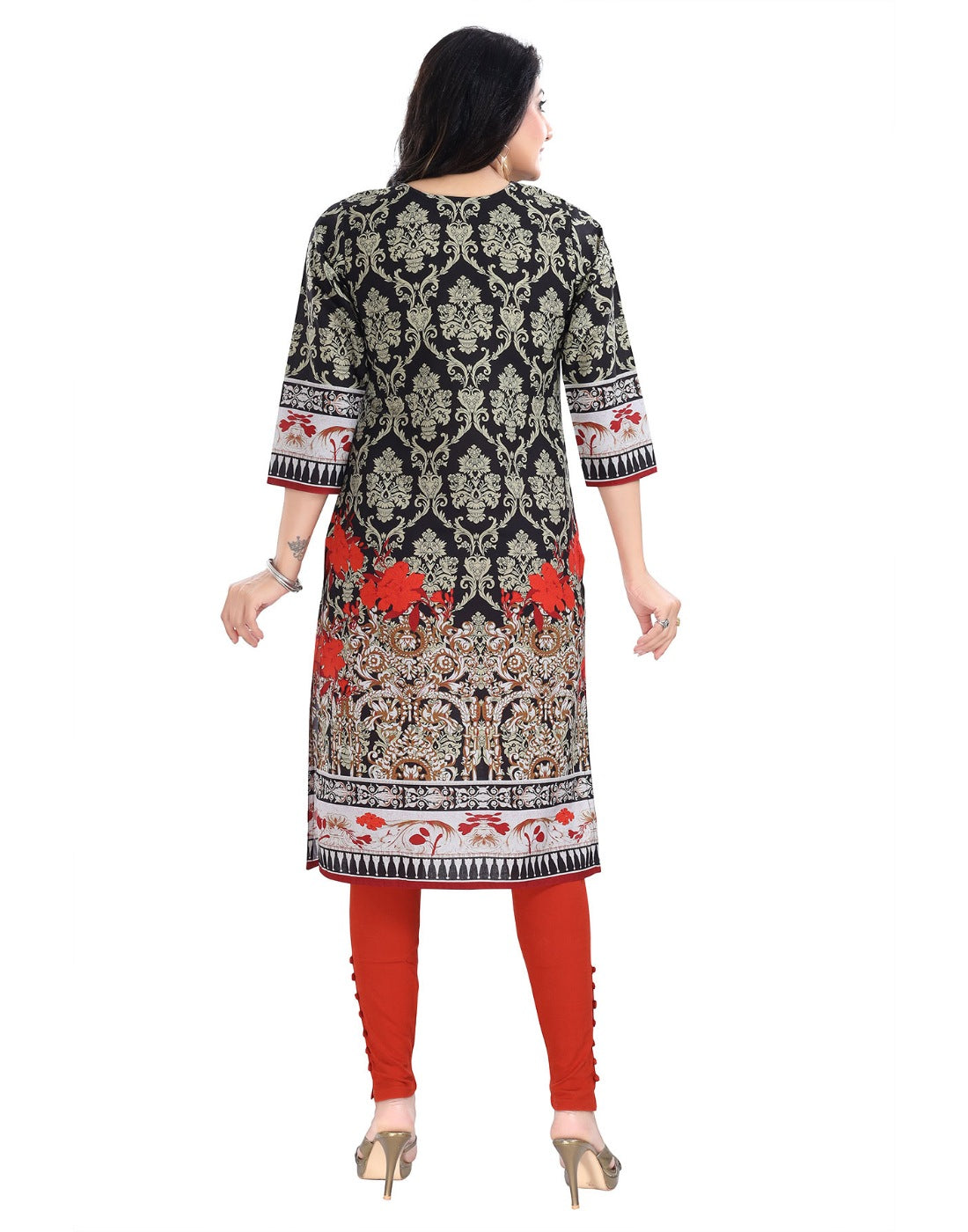 Women's 3/4th Sleeve Cotton Blend Tunic Long Kurti (Black) - GillKart