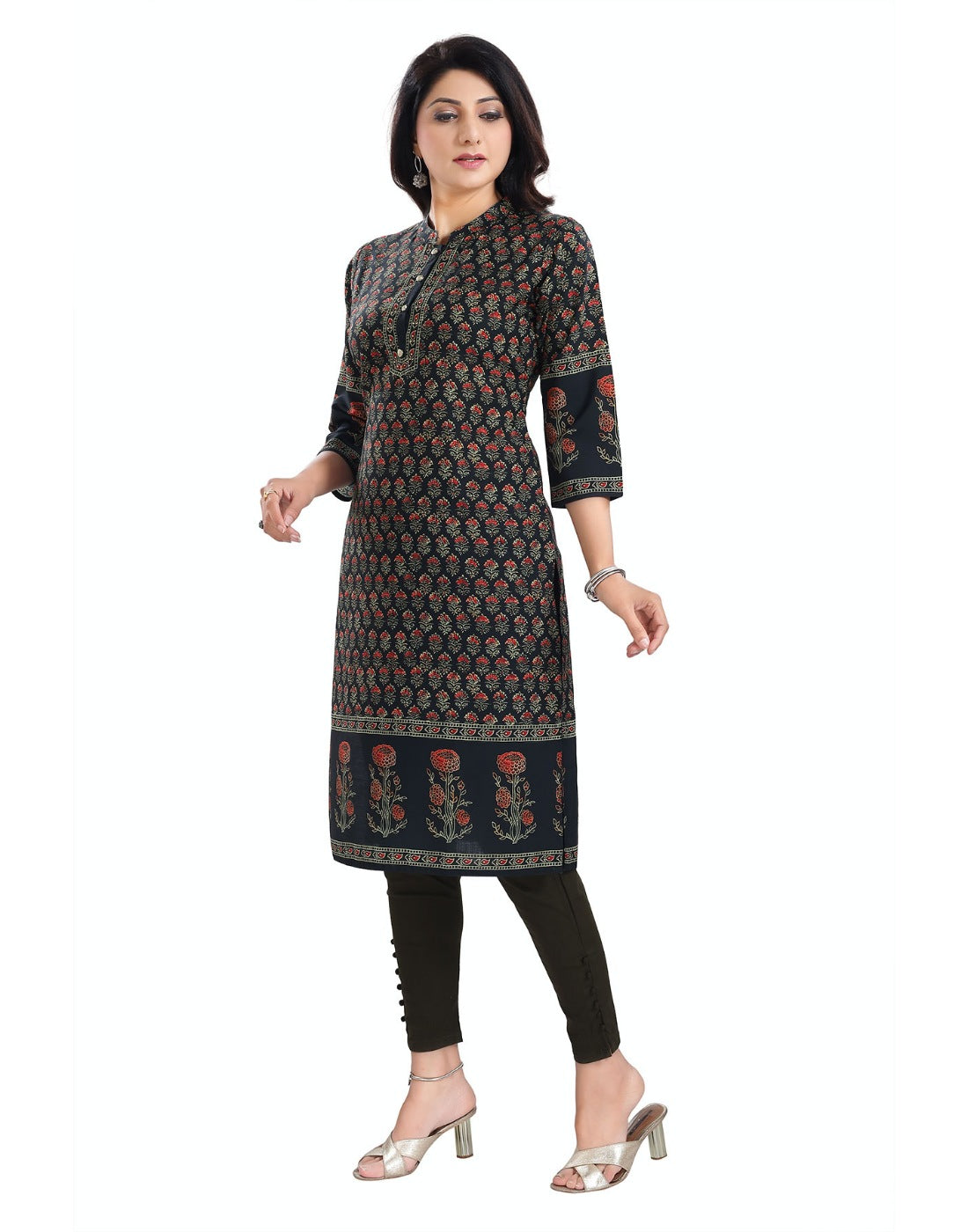 Black cotton blend 3/4 sleeve tunic long kurti for women, mandarin collar, knee length