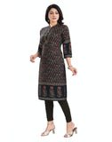 Black cotton blend 3/4 sleeve tunic long kurti for women, mandarin collar, knee length